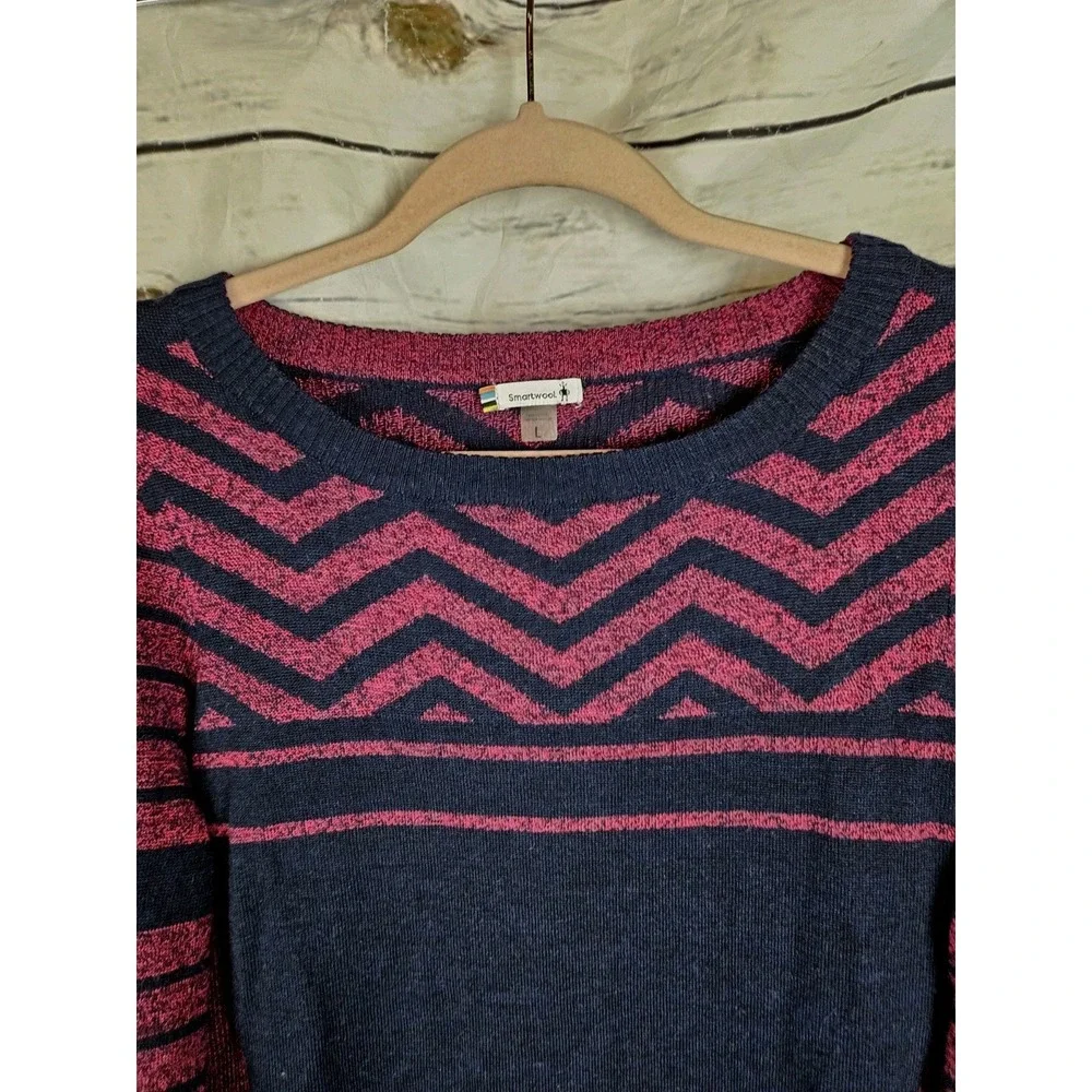 Smartwool Merino Wool Blend Pullover Sweater Womens L Navy Pink Chevron Print